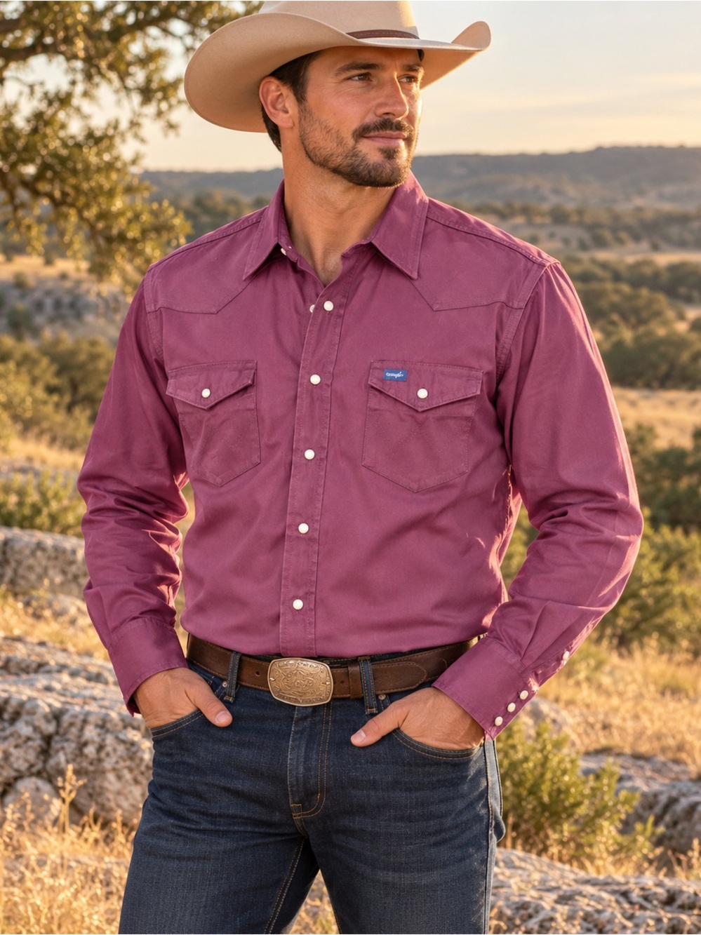 Wrangler Men's Button-Down Western Shirt in Dusty Berry #1272CL